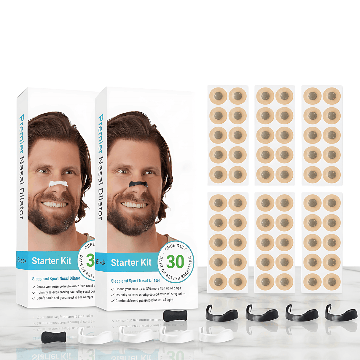 AirNite - Anti-Snoring Kit in Black or White with Nose Clip & Breathing Tabs for Better Nasal Breathing