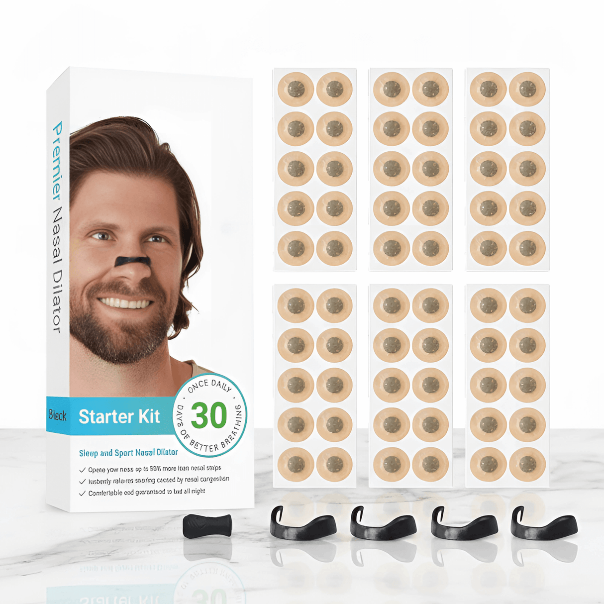 AirNite - Anti-Snoring Kit in Black or White with Nose Clip & Breathing Tabs for Better Nasal Breathing
