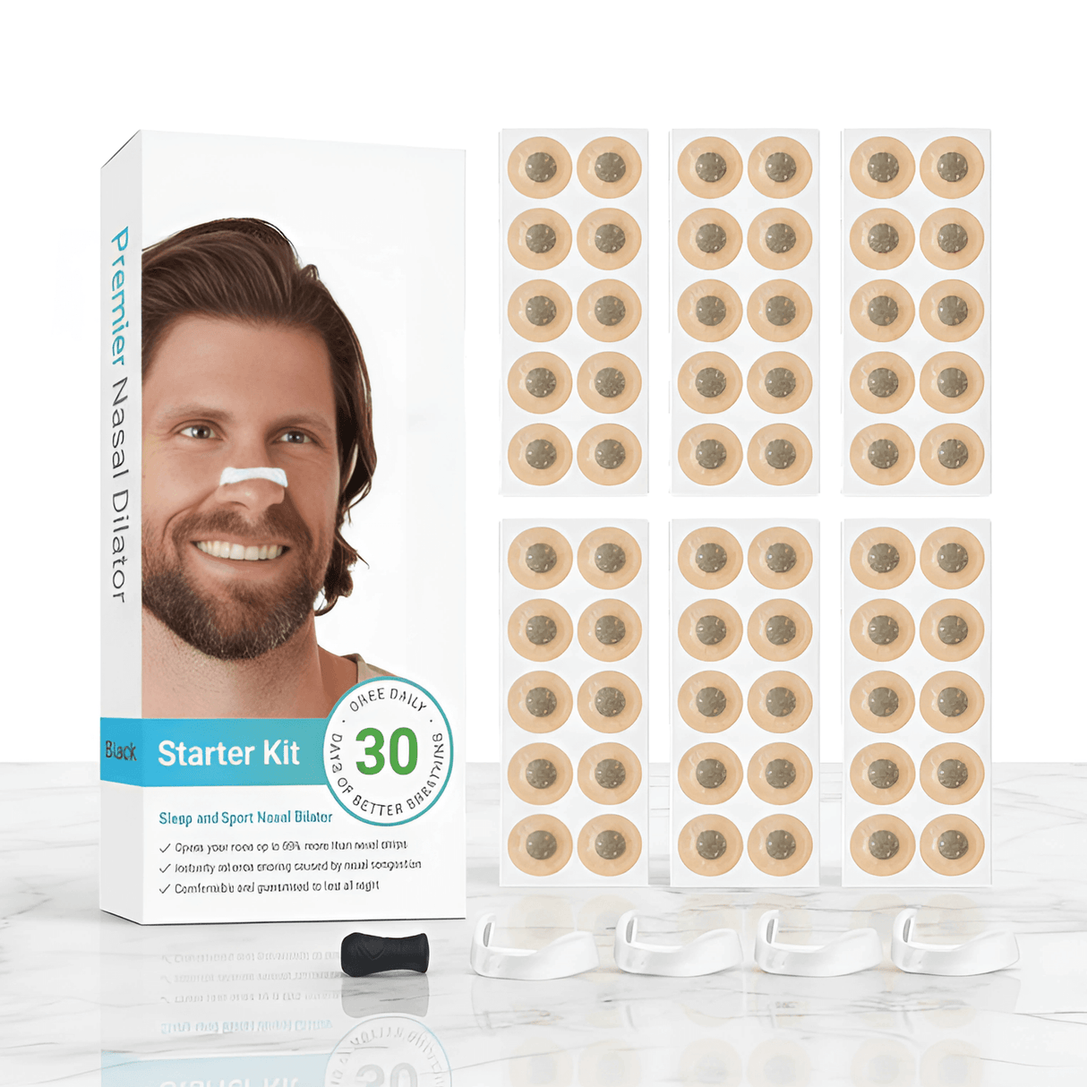 AirNite - Anti-Snoring Kit in Black or White with Nose Clip & Breathing Tabs for Better Nasal Breathing