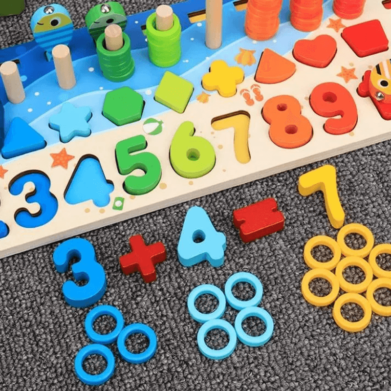 Montessori Träpussel för Småbarn | 5-i-1 Utbildningsleksak i Trä med Fiskespel, Sortering & Räkning – Pedagogiskt Lärspel för Barn 2–5 år