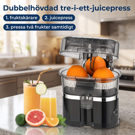 JuiceDuo – Elektrisk Apelsinpress med Dubbla Huvuden – Citruspress för Apelsin, Citron och Grapefrukt med 2 Hastigheter