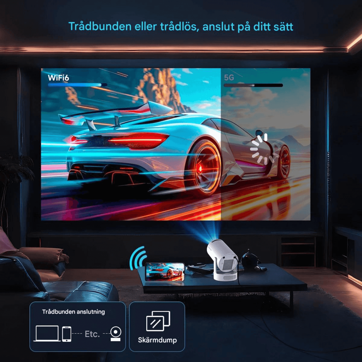 LumiCast View – Magcubic HY300 Pro+ Miniprojektor med Android 11, WiFi 6 og 720P LED-billede til hjemmebiograf og underholdning