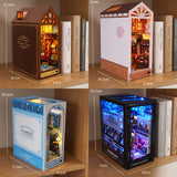 NookCraft – DIY Book Nook Byggsats i Trä – Miniatyr Bokhylla Insats med Dockskåp och LED-belysning