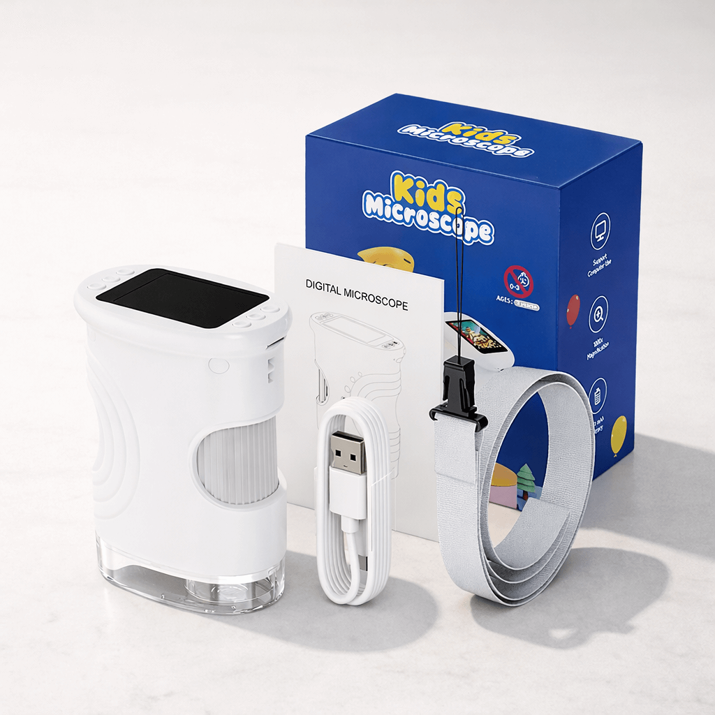 PocketScope – håndholdt digitalt børnemikroskop med 2" skærm, op til 1000× forstørrelse og foto- og videofunktion