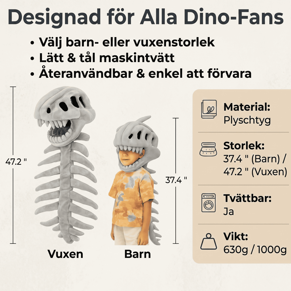 RexBone – Dinosaurieskelett Kostymhatt i Mjuk Plysch för Barn och Vuxna