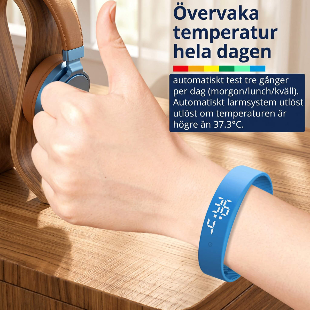 TempWave – Smart Armband med Temperaturmätare och Feberlarm – Vattentät Klocka med Vibrationslarm, Timer och Kalender