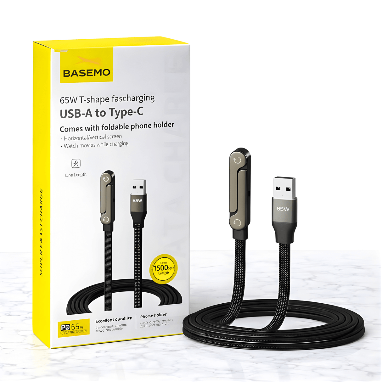 VoltDock – 240W/65W hurtigopladerkabel med foldbar stativ, flettet design og albuestik til mobil, tablet og bærbar computer