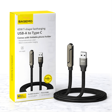 VoltDock – 240W/65W hurtigopladerkabel med foldbar stativ, flettet design og albuestik til mobil, tablet og bærbar computer