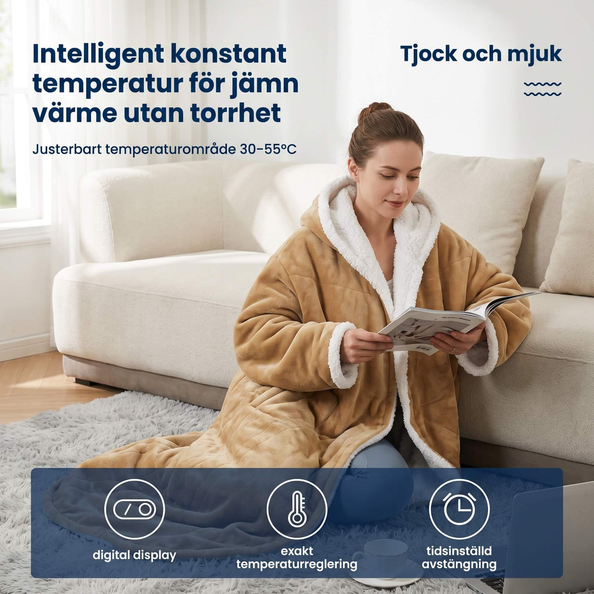 WarmCloak – Bärbar Eluppvärmd Filt med Huva och Fotfickor – Tvättbar Värmefilt med Timer och 9 Temperaturlägen