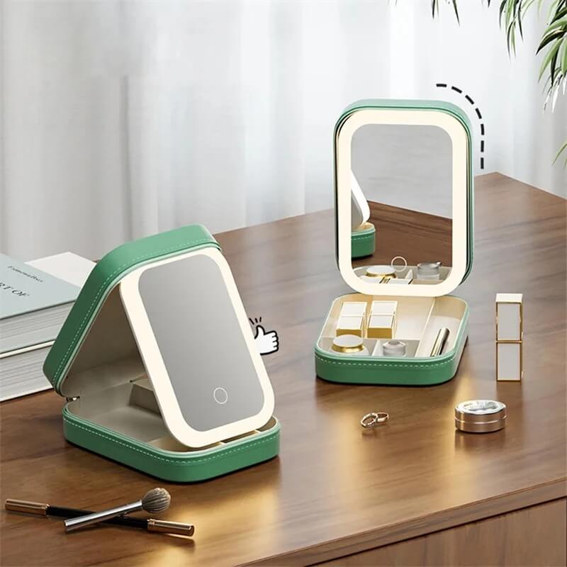 GlamVault – Resvänlig Sminkförvaring med Inbyggd LED-spegel | Smidig Förvaring med Stil