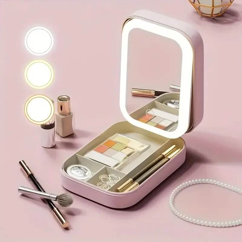 GlamVault – Resvänlig Sminkförvaring med Inbyggd LED-spegel | Smidig Förvaring med Stil
