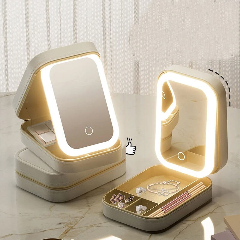 GlamVault – Resvänlig Sminkförvaring med Inbyggd LED-spegel | Smidig Förvaring med Stil