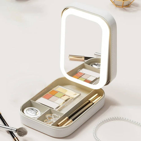 GlamVault – Resvänlig Sminkförvaring med Inbyggd LED-spegel | Smidig Förvaring med Stil