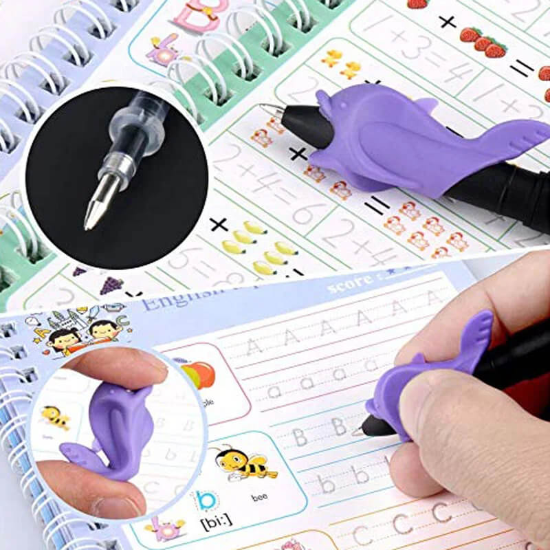 4-Pack Övningsböcker för Barn - Handstilsövning med 3D-Kalligrafi, Återanvändbara Klistermärken och Matematisk Träning