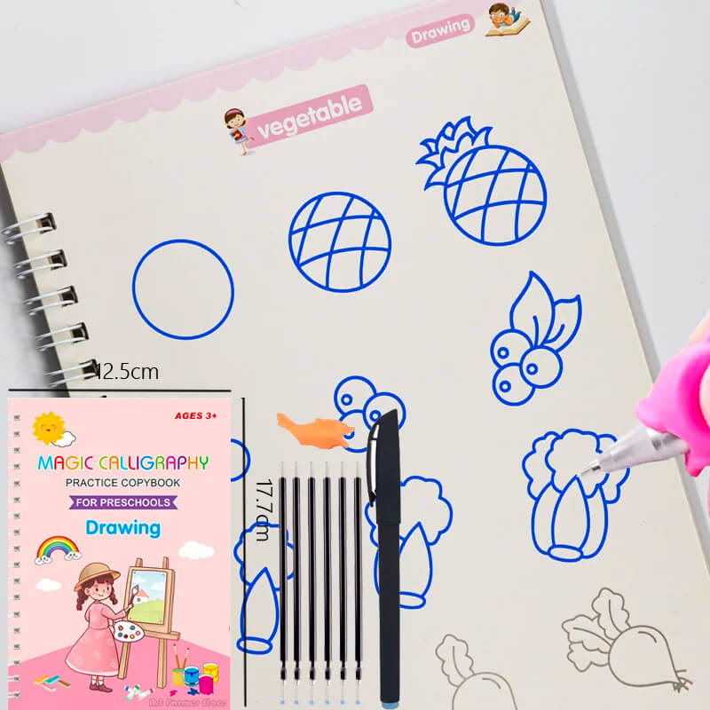 4-Pack Övningsböcker för Barn - Handstilsövning med 3D-Kalligrafi, Återanvändbara Klistermärken och Matematisk Träning