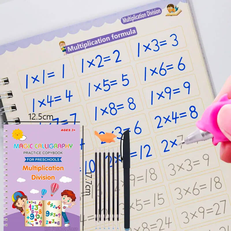 4-Pack Övningsböcker för Barn - Handstilsövning med 3D-Kalligrafi, Återanvändbara Klistermärken och Matematisk Träning